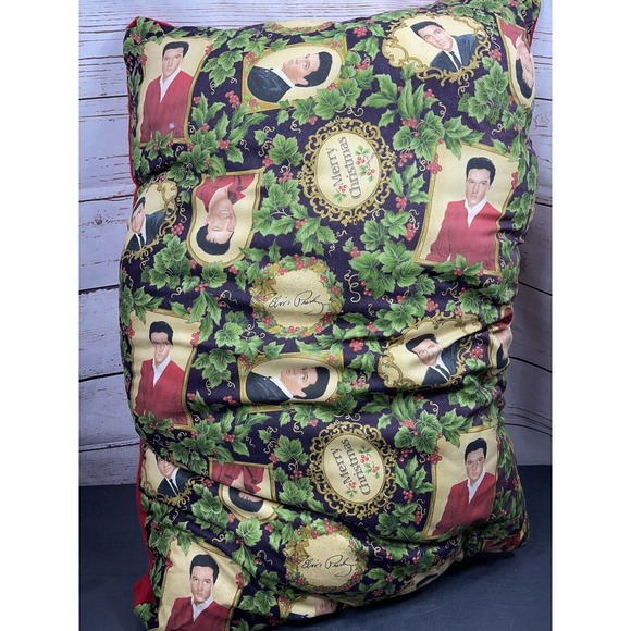 Vtg Handmade Home Decor Accent Pillow 32x22” Elvis Christmas Theme Print Fabric - Picture 1 of 5
